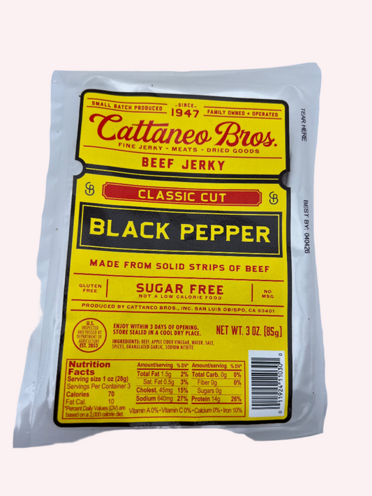 Cattaneo Bros beef jerky package with black pepper flavor 
